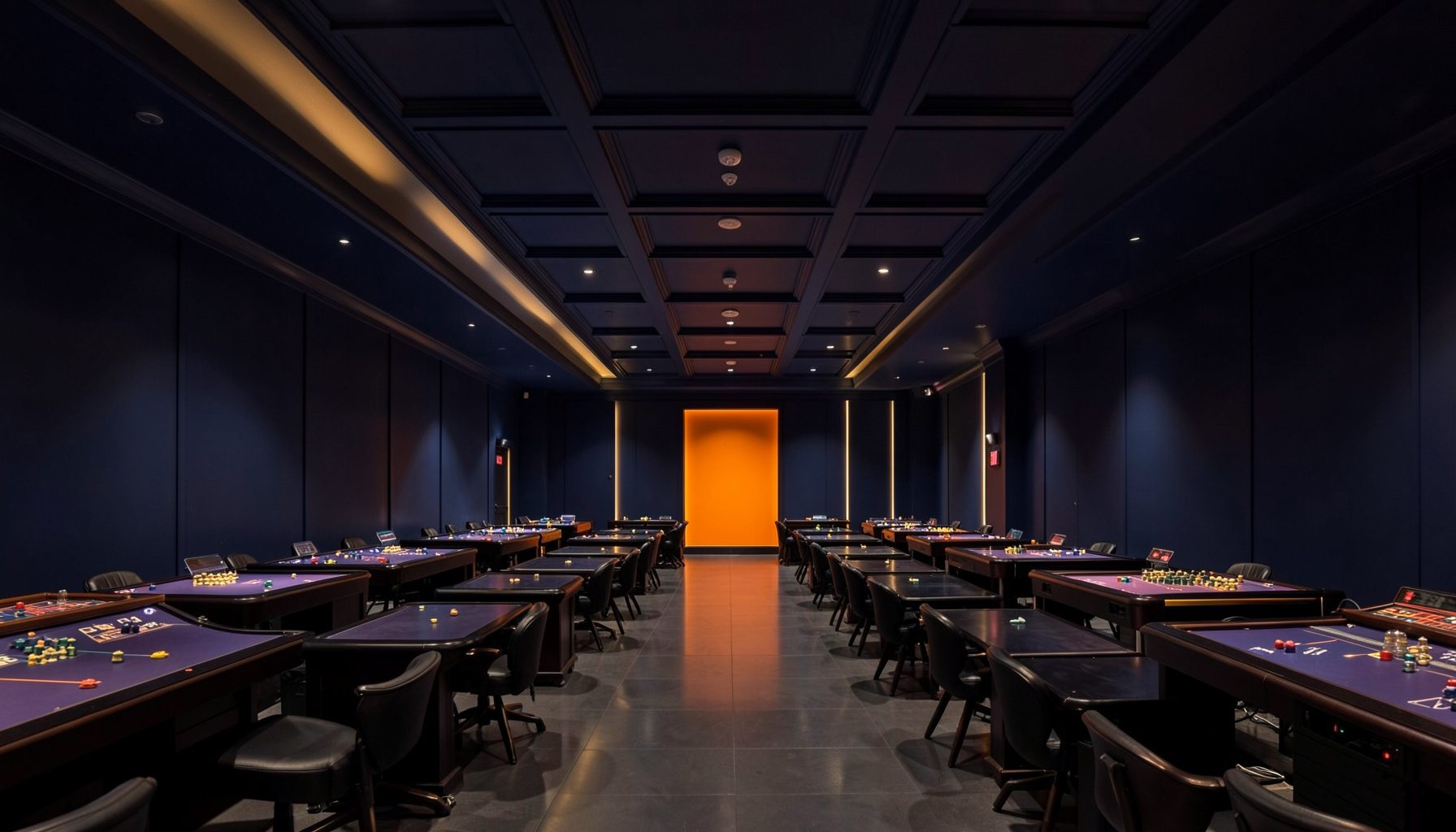 A wide panoramic view of a sleek casino interior with deep navy walls, warm amber accent lighting, and rows of polished gaming tables arranged in perfect symmetry under a dark coffered ceiling.